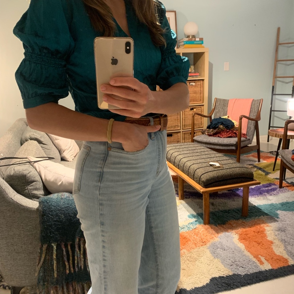 Satin emerald green blouse. I love this shirt, but I only wore it once!